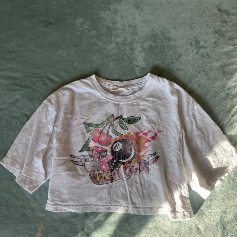 White Short Sleeve Tee with Vintage Billiard Ball and Floral Design
